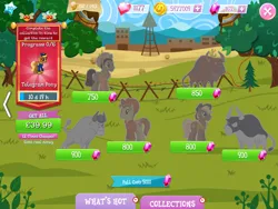 Size: 2048x1536 | Tagged: safe, derpibooru import, idw, official, angus mcsteer, blazing saddle, buffalo bull, sheriff tumbleweed, unnamed character, unnamed pony, bull, earth pony, pegasus, pony, bandana, clothes, coin, collection, costs real money, cowboy hat, english, folded wings, gameloft, gem, group, hat, horns, idw showified, image, jersey shore, mobile game, my little pony: magic princess, numbers, png, telegram pony, text, timer, vest, wings