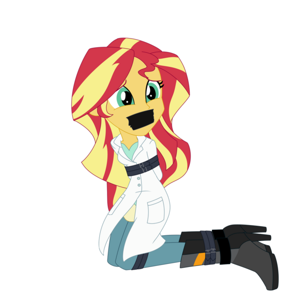 Size: 894x894 | Tagged: safe, artist:splendidbondage, derpibooru import, sunset shimmer, equestria girls, gag, image, png, solo, tape, tape gag, tied up