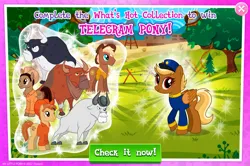 Size: 1960x1300 | Tagged: safe, derpibooru import, idw, official, angus mcsteer, blazing saddle, buffalo bull, sheriff tumbleweed, unnamed character, unnamed pony, bull, earth pony, pegasus, pony, advertisement, bandana, clothes, collection, cowboy hat, english, folded wings, gameloft, group, hat, horns, idw showified, image, jersey shore, jpeg, mobile game, my little pony: magic princess, telegram pony, text, vest, wings