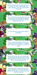 Size: 2048x4140 | Tagged: safe, derpibooru import, idw, official, applejack, king longhorn, rarity, sheriff tumbleweed, bull, earth pony, pony, unicorn, clothes, cowboy hat, dialogue, dialogue box, dress, english, event, feather, female, gameloft, hairband, hat, horn, horns, idw showified, image, male, mare, mobile game, my little pony: magic princess, png, speech bubble, stallion, text, unshorn fetlocks, vest