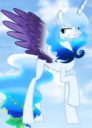 Size: 956x1320 | Tagged: artist needed, safe, derpibooru import, oc, oc:altersmay earth, ponified, unofficial characters only, alicorn, pony, alicornified, cloud, colored wings, commission, evil grin, grin, image, jpeg, looking back, older altersmay earth, planet ponies, race swap, raised hoof, sky, smiling, solo, wings, ych result