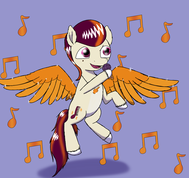 Size: 1800x1700 | Tagged: safe, artist:the crystal artist, derpibooru import, pegasus, pony, art style test, colored wings, derpibooru exclusive, flying, g5, image, jewelry, looking at something, male, microphone, music notes, necklace, open mouth, periwinkle background, png, raised hoof, rocky riff, shading, solo, sparkles, spread wings, stallion, unshorn fetlocks, wings