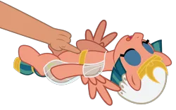 Size: 1600x1000 | Tagged: safe, artist:favitwink, derpibooru import, somnambula, human, pegasus, pony, animated, animated png, bellyrubs, breathing, disembodied arm, disembodied hand, eyes closed, female, full body, hand, image, loop, lying down, mare, offscreen character, on back, open mouth, perfect loop, png, simple background, solo focus, spread wings, transparent background, wings