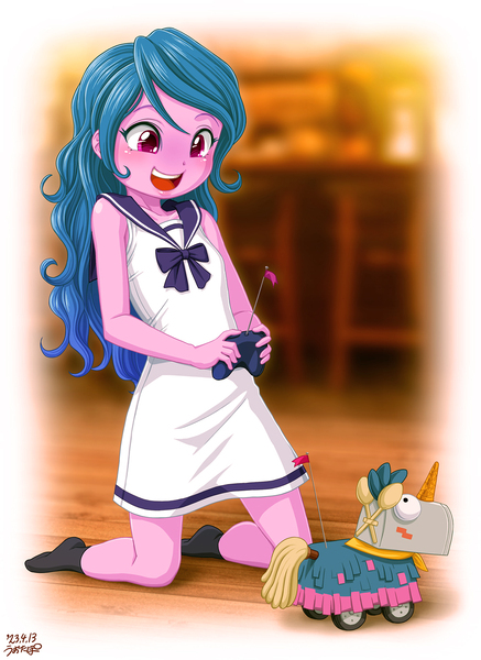 Size: 1000x1373 | Tagged: safe, artist:uotapo, derpibooru import, izzy moonbow, equestria girls, blushing, bowtie, clothes, cute, dress, equestria girls-ified, g5, g5 to equestria girls, generation leap, image, izzybetes, jpeg, kneeling, missing shoes, remote control, señor butterscotch, socks, solo, stocking feet, toy, younger