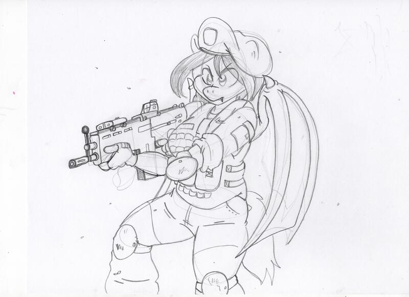 Size: 3510x2550 | Tagged: safe, derpibooru import, oc, oc:specter ace, unofficial characters only, anthro, bat pony, armor, beret, clothes, combat armor, fangs, female, fingerless gloves, fn scar, gloves, hat, image, jpeg, knee pads, military, military uniform, night guard, sketch, solo, traditional art, uniform, wings