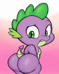 Size: 1600x2000 | Tagged: suggestive, artist:filt, derpibooru import, spike, dragon, butt, dragonbutt, femboy spike, girly, image, jpeg, looking back, male, nudity, pink background, simple background, solo, solo male, the ass was fat, wide hips