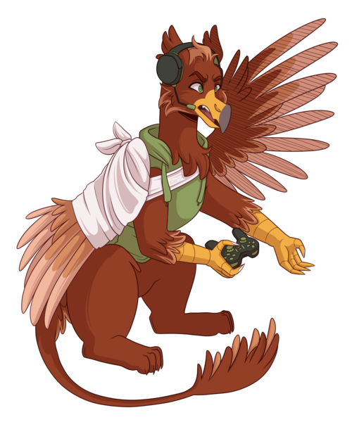 Size: 3500x4200 | Tagged: safe, artist:kikirdcz, derpibooru import, oc, oc:pavlos, unofficial characters only, gryphon, angry, bandage, broken bone, broken wing, chest fluff, clothes, controller, gaming, griffon oc, headphones, hoodie, image, male, png, simple background, solo, transparent background, wing cast, wing sling, wings