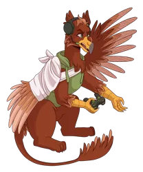 Size: 3500x4200 | Tagged: safe, artist:kikirdcz, derpibooru import, oc, oc:pavlos, unofficial characters only, gryphon, angry, bandage, broken bone, broken wing, chest fluff, clothes, controller, gaming, griffon oc, headphones, hoodie, image, male, png, simple background, solo, transparent background, wing cast, wing sling, wings