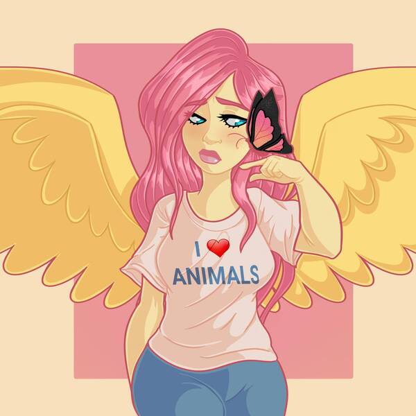 Size: 2000x2000 | Tagged: safe, artist:starsbursts, derpibooru import, fluttershy, butterfly, human, insect, blushing, clothes, cute, denim, female, humanized, image, jeans, jpeg, lipstick, makeup, pants, shirt, shyabetes, solo, t-shirt, winged humanization, wings