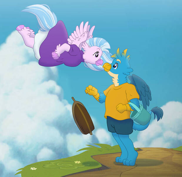 Size: 908x880 | Tagged: safe, artist:faitheverlasting, derpibooru import, gallus, silverstream, classical hippogriff, gryphon, hippogriff, boat, bucket, clothes, dress, female, flying, gallstream, image, jpeg, looking at each other, looking at someone, male, ponyo, shipping, shirt, shorts, straight, studio ghibli