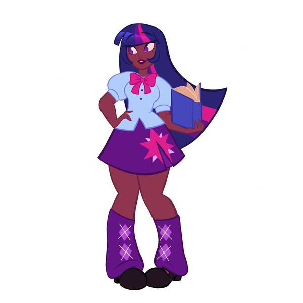 Size: 1650x1650 | Tagged: safe, artist:starsbursts, derpibooru import, twilight sparkle, human, equestria girls, blackwashing, book, boots, bowtie, clothes, dark skin, female, grin, humanized, image, jpeg, leg warmers, shirt, shoes, simple background, skirt, smiling, socks, solo, white background