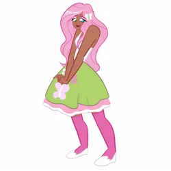 Size: 1650x1650 | Tagged: safe, artist:starsbursts, derpibooru import, fluttershy, human, equestria girls, alternate hairstyle, clothes, cute, dark skin, eyes closed, female, flats, humanized, image, jpeg, lipstick, shoes, shyabetes, simple background, skirt, socks, solo, stockings, tanktop, thigh highs, white background