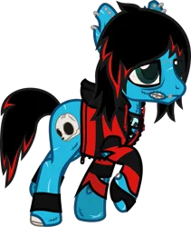 Size: 967x1144 | Tagged: safe, artist:lightningbolt, derpibooru import, oc, oc:emo lad, unofficial characters only, earth pony, pony, undead, zombie, zombie pony, .svg available, bags under eyes, bloodshot eyes, bone, clothes, derpibooru exclusive, dyed mane, dyed tail, ear piercing, earring, hair over one eye, hood down, hoodie, image, jewelry, leg band, lidded eyes, long sleeves, male, piercing, png, scar, shirt, simple background, solo, stalker, stalking, stallion, stitches, tail, torn clothes, torn ear, transparent background, undershirt, vector