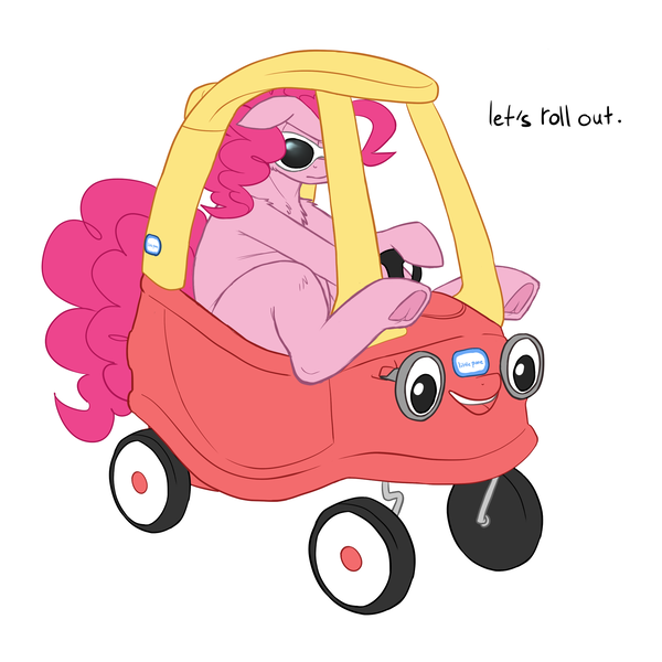 Size: 2000x2000 | Tagged: safe, artist:mclovin, derpibooru import, pinkie pie, earth pony, pony, cozy coupe, female, frog (hoof), image, little tikes, mare, png, solo, sunglasses, underhoof