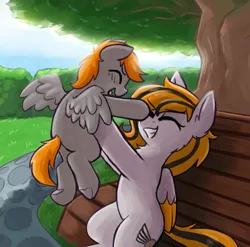 Size: 1987x1960 | Tagged: safe, artist:rivibaes, derpibooru import, oc, oc:feather river, unofficial characters only, pegasus, pony, bench, colt, commission, eyes closed, female, foal, image, male, mother and child, png, smiling, tree, upsies, ych result