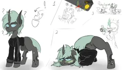 Size: 3094x1788 | Tagged: safe, artist:ashel_aras, derpibooru import, oc, unofficial characters only, changeling, fish, aquarium, camera, camera shot, changeling oc, clothes, comic, confusion, deception, dissatisfied, embarrassed, frying pan, funny, grin, image, licking, licking lips, photo, png, pockets, question mark, raised tail, revenge, sketch, smiling, tail, tongue out