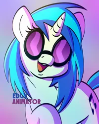 Size: 2000x2500 | Tagged: safe, artist:edgyanimator, derpibooru import, vinyl scratch, pony, unicorn, :d, background pony, blue hair, blue mane, bust, cel shading, cute, derpibooru exclusive, eyelashes, female, firealpaca, front view, glasses, happy smile, head tilt, hidden eyes, horn, image, jpeg, lineart, looking at you, mare, multicolored background, open mouth, open smile, portrait, raised hoof, shading, signature, simple background, simple shading, smiling, solo, sunglasses, tail, teeth, vinyl's glasses, vinylbetes, white coat