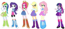 Size: 1024x455 | Tagged: safe, artist:pdorothynics, derpibooru import, applejack, fluttershy, pinkie pie, rainbow dash, rarity, twilight sparkle, equestria girls, magical mystery cure, clothes swap, equestria girls-ified, image, magical mystery cure tenth anniversary, mane six, pinkamena diane pie, png, simple background, swapped cutie marks, transparent background, what my cutie mark is telling me