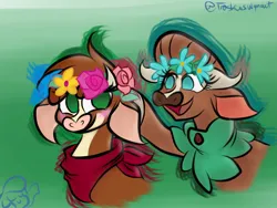 Size: 1200x900 | Tagged: safe, artist:toxiccoswynaut, derpibooru import, cow, them's fightin' herds, arizona (tfh), blushing, community related, duo, floral head wreath, flower, image, jpeg, madison (tfh), neckerchief, open mouth, open smile, signature, smiling