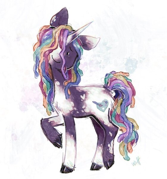 Size: 776x829 | Tagged: safe, artist:grimblwiff, derpibooru import, pony, unicorn, dreadlocks, foal, g5, image, jpeg, multicolored hair, rainbow hair, redesign, solo, violette rainbow, vitiligo
