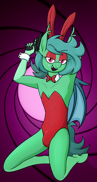 Size: 1229x2290 | Tagged: suggestive, artist:moonatik, derpibooru import, oc, oc:carte blanche, unofficial characters only, anthro, bat pony, pony, unguligrade anthro, abstract background, bat pony oc, bat wings, bowtie, bunny ears, bunny suit, clothes, coat markings, crotch bulge, cuffs (clothes), eyeshadow, femboy, freckles, gunbarrel, image, james bond, leotard, makeup, male, png, socks (coat marking), solo, stallion, walther ppk, wings