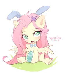 Size: 1000x1100 | Tagged: safe, artist:spoosha, derpibooru import, fluttershy, butterfly, insect, pegasus, rabbit, animal, blushing, bunny ears, bunnyshy, chest fluff, crying, cute, daaaaaaaaaaaw, ear fluff, easter, easter egg, holiday, image, open mouth, png, shyabetes, tears of pain