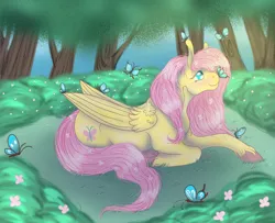 Size: 4000x3250 | Tagged: safe, artist:palindromegrace, derpibooru import, fluttershy, butterfly, insect, pegasus, pony, female, forest, image, nature, png, solo, tree