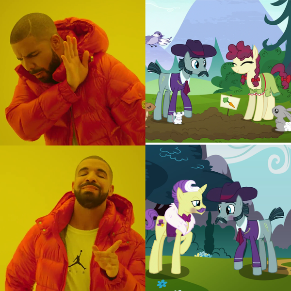 Size: 1000x1000 | Tagged: safe, derpibooru import, edit, edited screencap, screencap, dandy grandeur, hilly hooffield, turner mccolt, earth pony, drake, female, gay, hooffield family, hotline bling, image, male, mccolt family, meme, png, straight