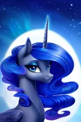 Size: 1280x1920 | Tagged: safe, derpibooru import, editor:dovakkins, machine learning generated, stable diffusion, princess luna, alicorn, pony, bust, derpibooru exclusive, ethereal mane, eyeshadow, female, folded wings, full moon, galaxy mane, human lips, image, lidded eyes, makeup, missing accessory, moon, night, night sky, png, portrait, sky, smiling, solo, sternocleidomastoid, wavy mane, wings