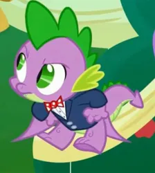 Size: 1425x1590 | Tagged: safe, derpibooru import, screencap, spike, dragon, the big mac question, annoyed, banner, bowtie, clothes, cropped, floating, flying, formal wear, image, jpeg, solo, suit, sweet apple acres, tree, tuxedo, winged spike, wings