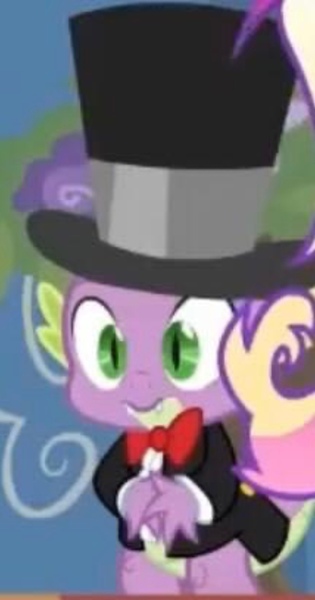 Size: 850x1620 | Tagged: safe, derpibooru import, screencap, spike, dragon, a canterlot wedding, bowtie, canterlot, canterlot castle, clothes, cropped, flower, hat, image, jpeg, nervous, royal wedding, solo, suit, top hat, tuxedo