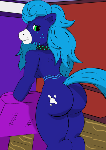 Size: 1748x2480 | Tagged: suggestive, derpibooru import, oc, oc:annette (lewdpone), anthro, blue body, blue mane, blue tail, butt, chair, choker, cum cutie mark, female, g1, green eyes, image, looking back, pink, plot, png, presenting, rear view, room, solo, solo female, standing, tail, wood