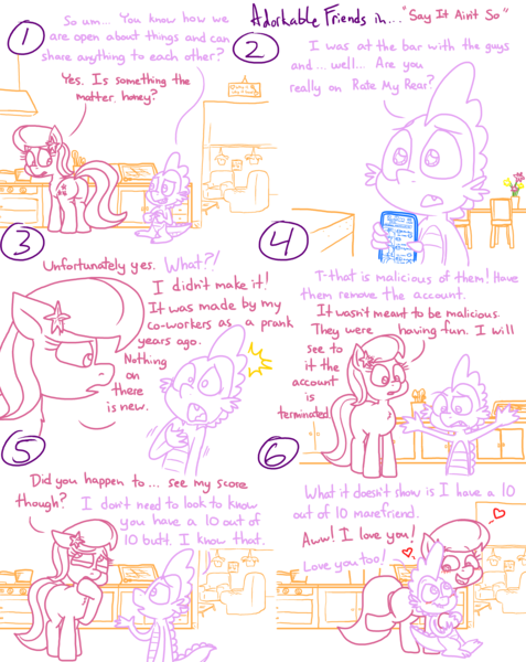 Size: 4779x6013 | Tagged: safe, artist:adorkabletwilightandfriends, derpibooru import, lily, lily valley, spike, comic:adorkable twilight and friends, adorkable, adorkable friends, blushing, butt, comic, concerned, concerned pony, couch, cute, dork, flower, happy, hug, hugging a pony, image, kitchen, love, mobile phone, phone, plot, png, relationship, relationships, shocked, sign, slice of life, smartphone, smiling, social media, surprised, vase