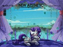 Size: 2160x1620 | Tagged: safe, artist:lendftcn, derpibooru import, rarity, pony, unicorn, balcony, curtains, female, film grain, glasses, high res, hoof on chin, image, jpeg, looking at you, lying down, mare, prone, rarity's glasses, solo, text
