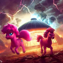 Size: 1024x1024 | Tagged: safe, derpibooru import, machine learning generated, pinkie pie, image, jpeg, prompter:pizza split, running, thunder