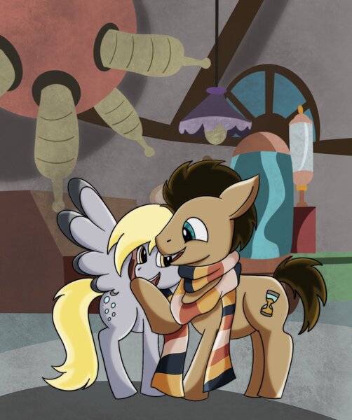 Size: 1714x2048 | Tagged: safe, artist:arti_squid, derpibooru import, derpy hooves, doctor whooves, time turner, earth pony, pegasus, pony, clothes, duo, female, image, jpeg, male, scarf