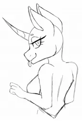 Size: 1354x1994 | Tagged: safe, artist:melodytheartpony, derpibooru import, anthro, any species, back turned, closed hand, commission, female, image, jpeg, looking at you, looking back, side eye, simple background, sketch, smiling, tongue out, white background, ych sketch, your character here