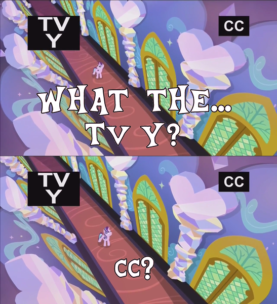 Size: 1600x1756 | Tagged: safe, derpibooru import, edit, edited screencap, screencap, starlight glimmer, pony, unicorn, the crystalling, breaking the fourth wall, closed captioning, comic, dialogue, female, image, png, screencap comic, solo, television logo joke, text, tv rating, tv-y