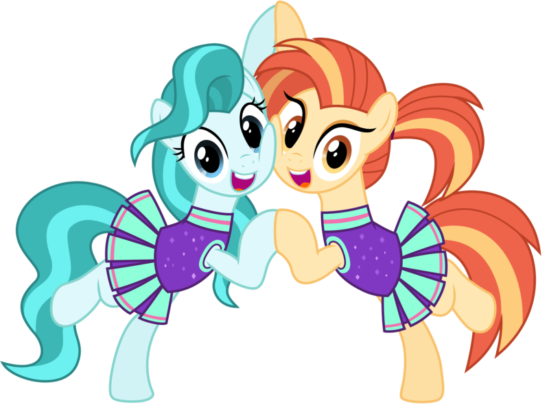 Size: 9384x6935 | Tagged: safe, alternate version, artist:ejlightning007arts, derpibooru import, lighthoof, shimmy shake, earth pony, pony, 2 4 6 greaaat, best friends, bipedal, cheek to cheek, cheerleader, cheerleader outfit, clothes, cute, duo, duo female, eyeshadow, female, holding hooves, image, lightorable, looking at you, makeup, png, ponytail, reference, shakeabetes, simple background, smiling, transparent background, vector