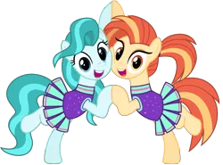 Size: 9384x6935 | Tagged: safe, alternate version, artist:ejlightning007arts, derpibooru import, lighthoof, shimmy shake, earth pony, pony, 2 4 6 greaaat, best friends, bipedal, cheek to cheek, cheerleader, cheerleader outfit, clothes, cute, duo, duo female, eyeshadow, female, holding hooves, image, lightorable, looking at you, makeup, png, ponytail, reference, shakeabetes, simple background, smiling, transparent background, vector