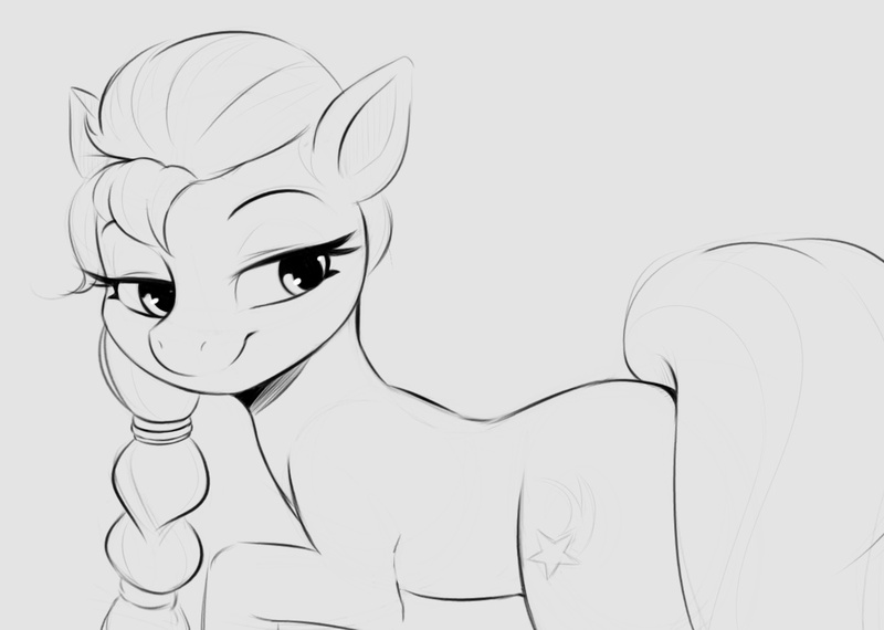 Size: 1240x883 | Tagged: safe, artist:tre, derpibooru import, sunny starscout, earth pony, pony, bedroom eyes, female, flank, g5, image, jpeg, looking back, mare, monochrome, raised hoof, sketch, smiling, solo, solo female