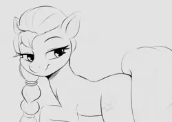 Size: 1240x883 | Tagged: safe, artist:tre, derpibooru import, sunny starscout, earth pony, pony, bedroom eyes, female, flank, g5, image, jpeg, looking back, mare, monochrome, raised hoof, sketch, smiling, solo, solo female