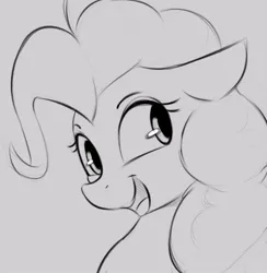 Size: 638x655 | Tagged: safe, artist:tre, derpibooru import, pinkie pie, earth pony, pony, bust, female, floppy ears, image, jpeg, looking away, looking up, mare, monochrome, open mouth, sketch, smiling, solo, solo female