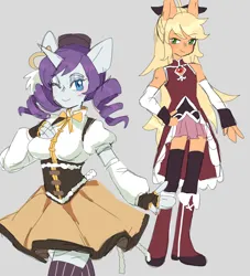Size: 3000x3300 | Tagged: safe, artist:exxi00, derpibooru import, applejack, rarity, anthro, earth pony, unicorn, bow, clothes, crossover, duo, image, jpeg, magical girl, one eye closed, puella magi madoka magica, simple background, skirt, smiling, wink