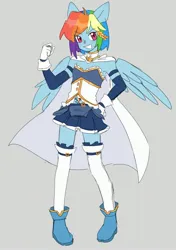 Size: 2224x3154 | Tagged: safe, artist:exxi00, derpibooru import, rainbow dash, anthro, pegasus, clothes, crossover, image, jpeg, magical girl, puella magi madoka magica, simple background, skirt, smiling, solo, standing, wings