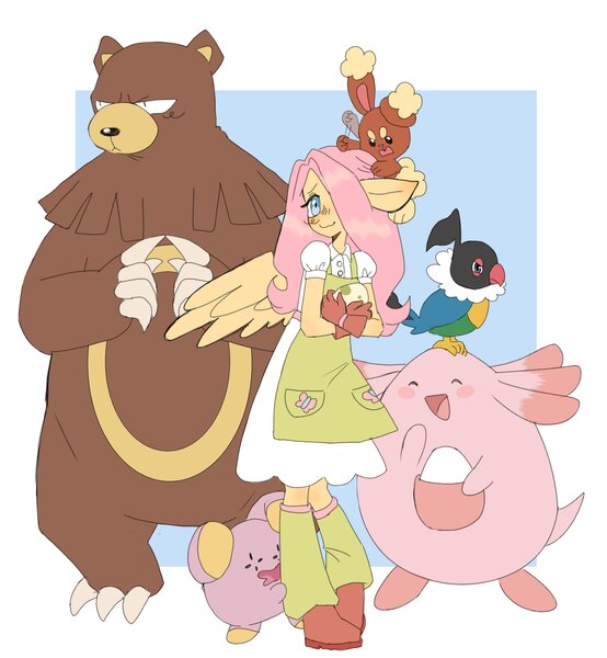 Size: 2769x3000 | Tagged: safe, artist:exxi00, derpibooru import, fluttershy, anthro, buneary, chansey, human, pegasus, ursaring, whismur, blushing, chatot, clothes, crossover, egg, humanized, image, jpeg, pokémon, pokémon team, skirt, smiling, solo, wings