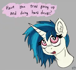 Size: 1456x1346 | Tagged: safe, artist:reddthebat, derpibooru import, vinyl scratch, pony, unicorn, bust, dialogue, ear fluff, female, gray background, image, jpeg, mare, missing accessory, no glasses, signature, simple background, solo, speech bubble, talking to viewer