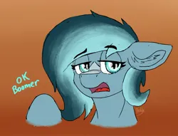 Size: 2055x1573 | Tagged: safe, artist:reddthebat, derpibooru import, oc, oc:alaska (reddthebat), unofficial characters only, ghost, ghost pony, pegasus, pony, undead, dialogue, ear fluff, female, floppy ears, gradient background, image, jpeg, mare, ok boomer, solo, talking to viewer, unamused