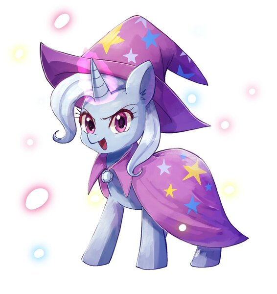 Size: 1247x1322 | Tagged: safe, artist:plusplus_pony, derpibooru import, trixie, pony, unicorn, cape, clothes, hat, image, jpeg, open mouth, simple background, solo, standing, white background