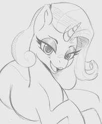 Size: 741x903 | Tagged: safe, artist:tre, derpibooru import, rarity, pony, unicorn, alternate hairstyle, eyeshadow, female, image, jpeg, lidded eyes, looking at you, lying down, makeup, mare, monochrome, open mouth, sketch, smiling, solo, solo female